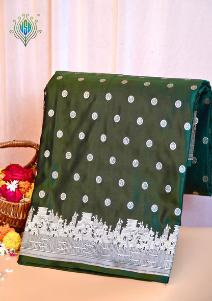 Waah Banaras 055F: Deep Olive Green Banarasi Pure Mashru silk saree with Ghat Border