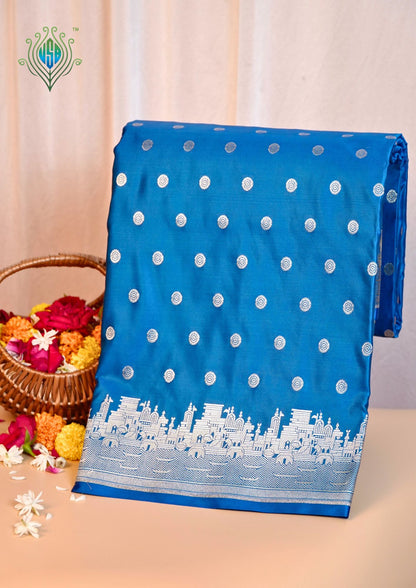 Waah Banaras 055J: Azure Blue Banarasi Pure Massaru silk saree with Ghat Border