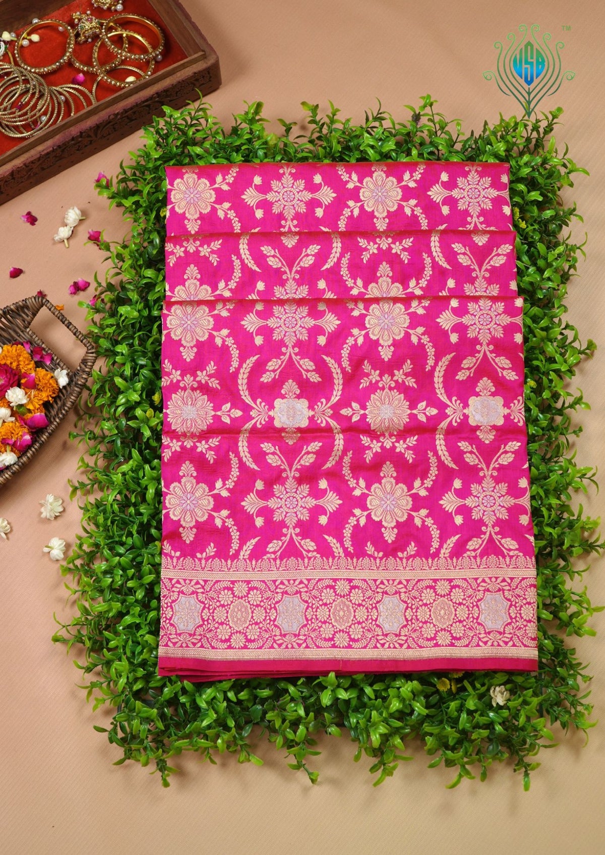 VIRASAT 433: Silk Mark Certified Hot Pink Pure Handloom Katan Silk Saree with Kadwa Sona Rupa Zari Jaal