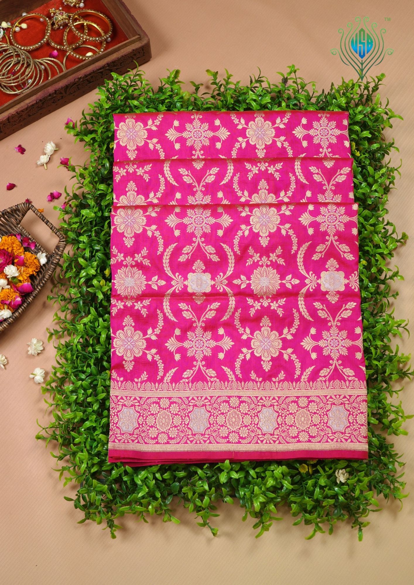VIRASAT 433: Silk Mark Certified Hot Pink Pure Handloom Katan Silk Saree with Kadwa Sona Rupa Zari Jaal