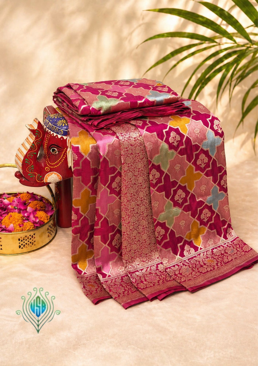 VIRASAT 402: Rani Pink Pure Handloom Katan Silk Rangkat Saree with Meenakari Border &amp; Pallu (Silk Mark Certified)