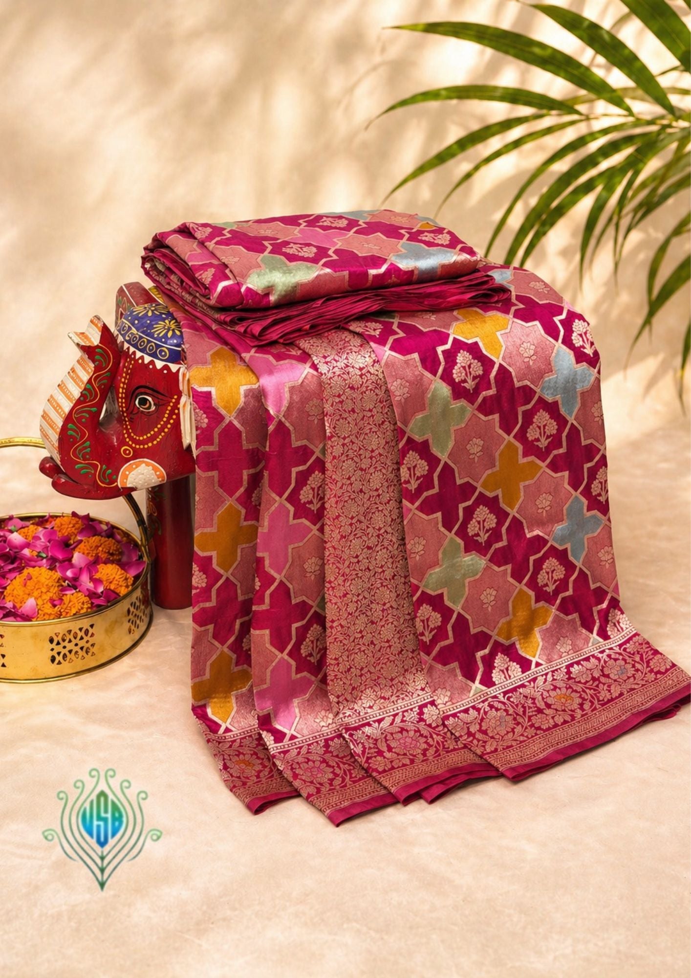 VIRASAT 402: Rani Pink Pure Handloom Katan Silk Rangkat Saree with Meenakari Border &amp; Pallu (Silk Mark Certified)