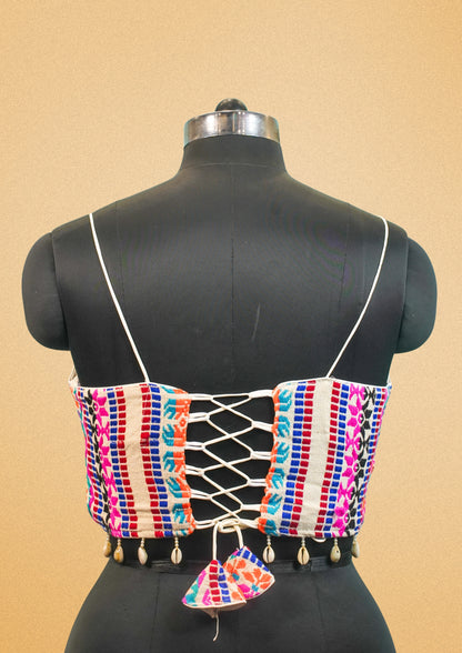 "RDM BL 012A" Banarasi Multicolor Tribal-Style Designer Blouse with Spaghetti Straps & Shell Embellishments
