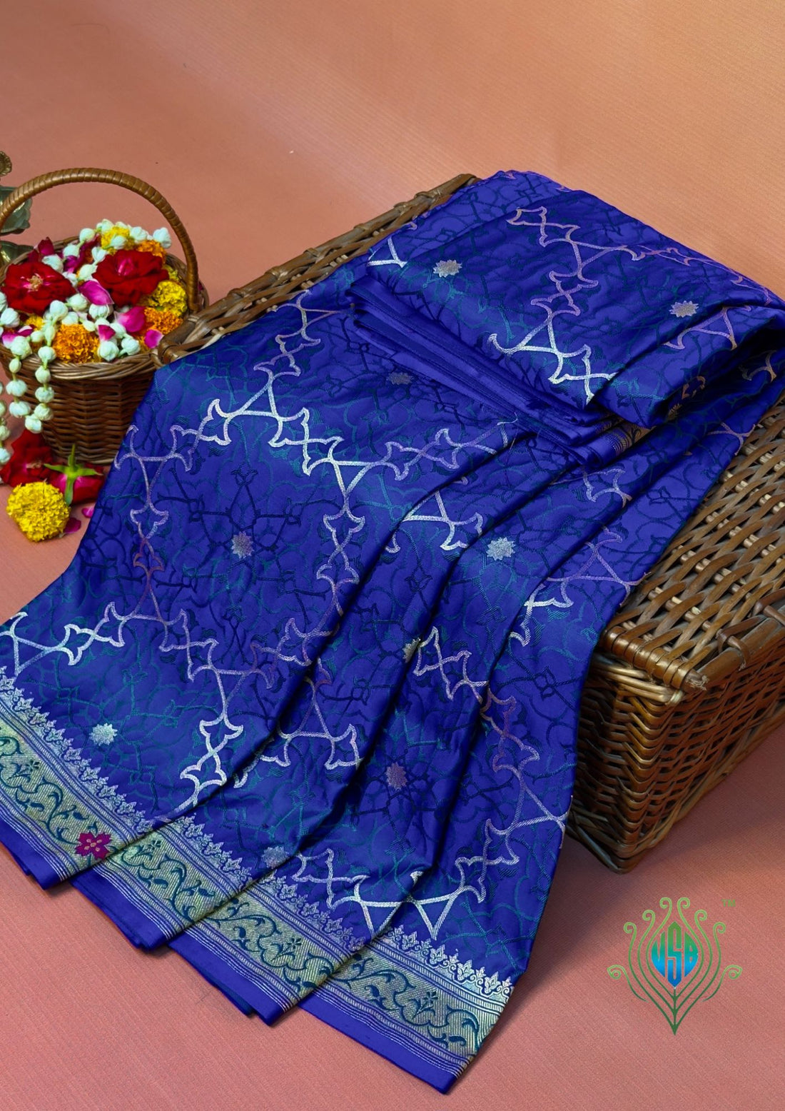 WAAH BANARAS 165: Indigo Blue Satin Mashru Silk Saree with Meenakari Zari &amp; Resham Weaving Floral Border