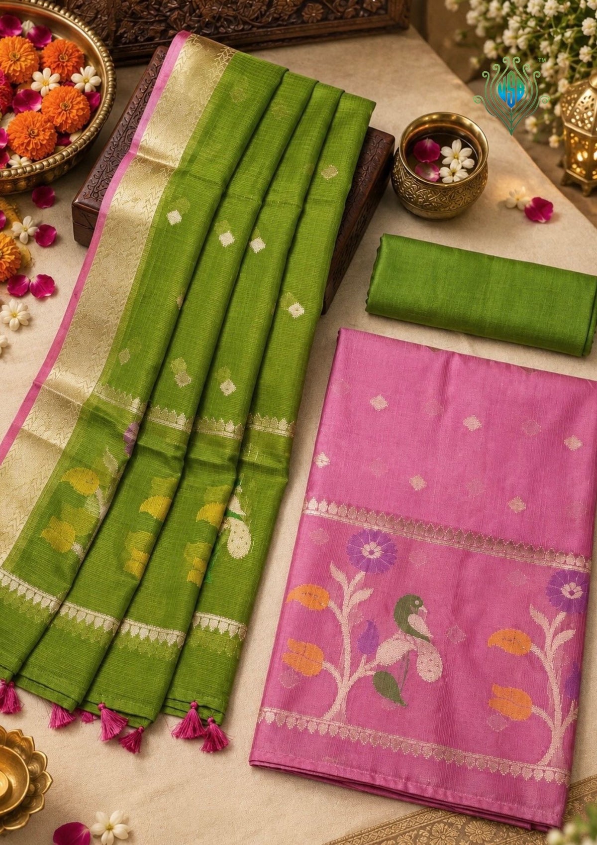MANSI 181: Bright Green &amp; Pastel Pink Kota Silk Suit Set with Elegant Woven Dupatta