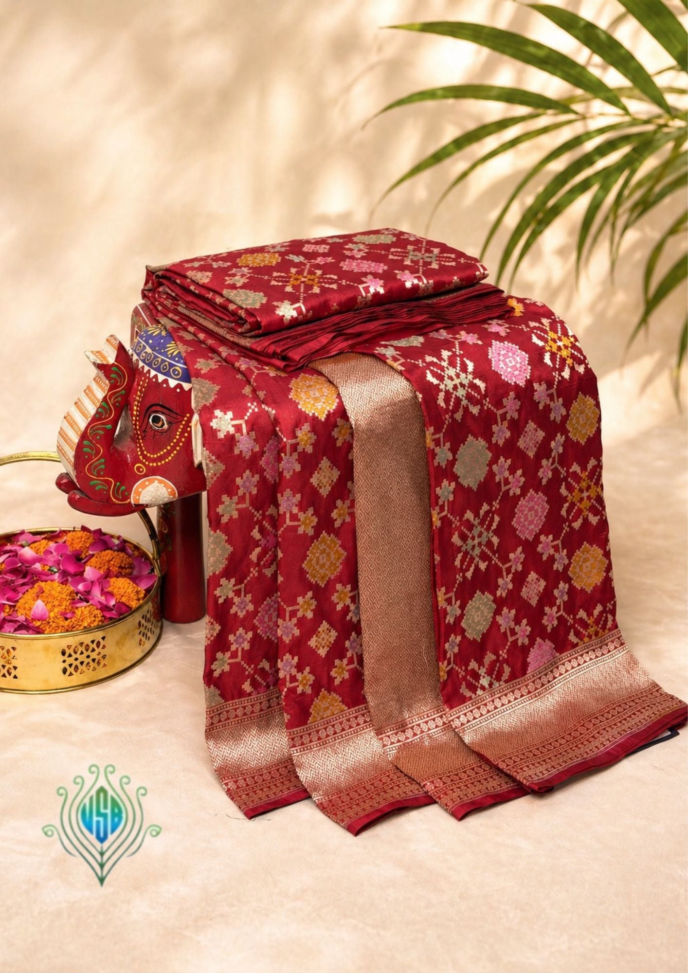 VIRASAT 405: Blood Red Pure Handloom Katan Silk Saree with All Over Zari &amp; Meenakari Border-Pallu (Silk Mark Certified)