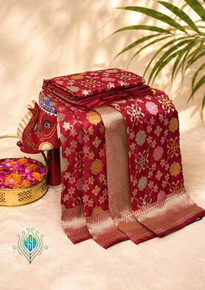 VIRASAT 405: Blood Red Pure Handloom Katan Silk Saree with All Over Zari &amp; Meenakari Border-Pallu (Silk Mark Certified)