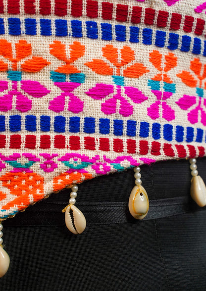 "RDM BL 012A" Banarasi Multicolor Tribal-Style Designer Blouse with Spaghetti Straps & Shell Embellishments