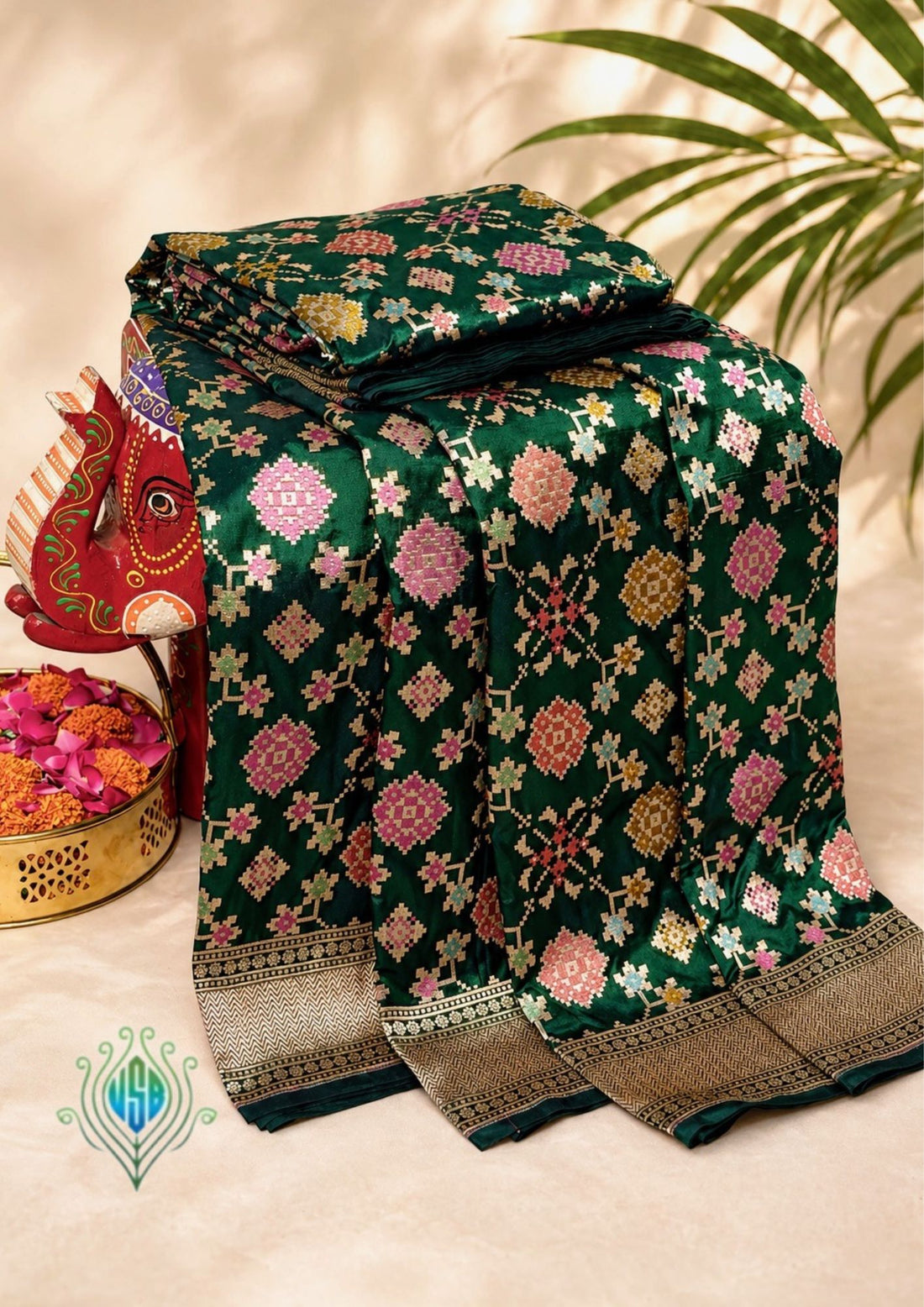 VIRASAT 406: Bottle Green Pure Handloom Katan Silk Saree with All-Over Meenakari Work &amp; Zari Border-Pallu (Silk Mark Certified)