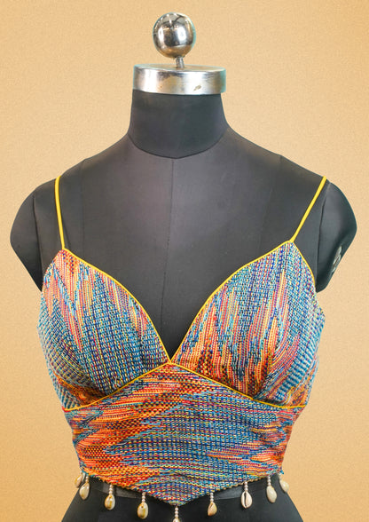 "RDM BL 012"  Banarasi Trendy Multicolor Ikat-Style Designer Blouse with Spaghetti Straps & Shell Detailing