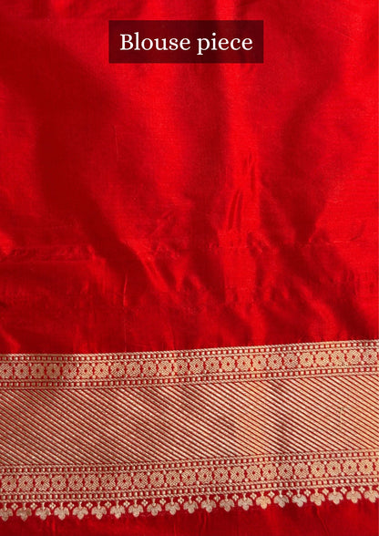 VIRASAT 409: Ruby Red Pure Handloom Katan Silk Saree with All-Over Zari &amp; Meenakari Border-Pallu (Silk Mark Certified)