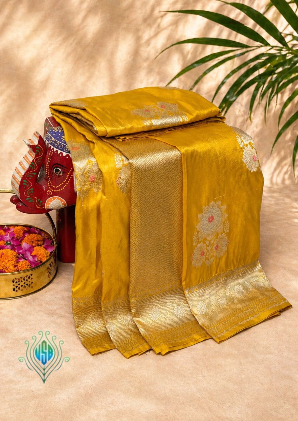 VIRASAT 401: Sunshine Gold Pure Handloom Katan Silk Saree with Sona Rupa Zari &amp; Meenakari Border Pallu (Silk Mark Certified)