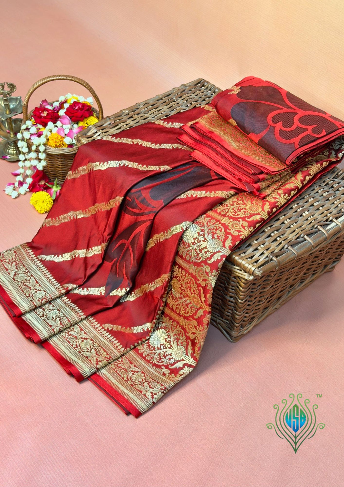 WAAH BANARAS 164: Ruby Red Satin Mashru Silk Saree with Zari Stripe Work, Resham Floral Design &amp; Grand Floral Border