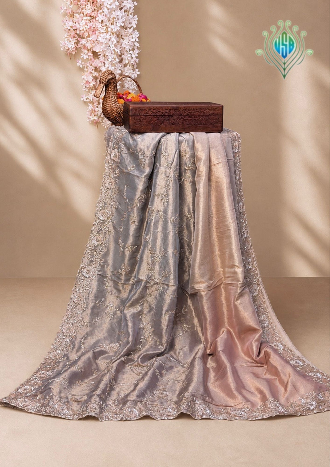 VIRASAT 392: Silver Ombre Tissue Silk Saree with Hand Zardozi Work