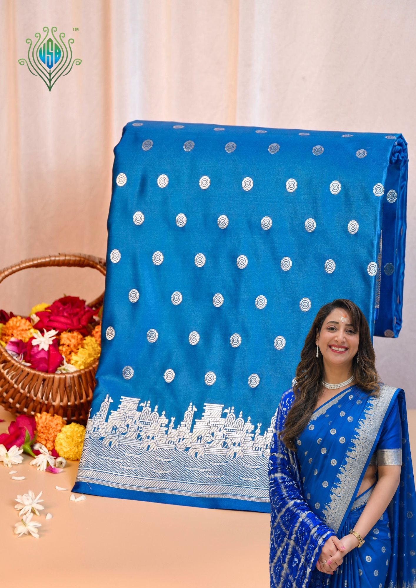 Waah Banaras 055J: Azure Blue Banarasi Pure Massaru silk saree with Ghat Border