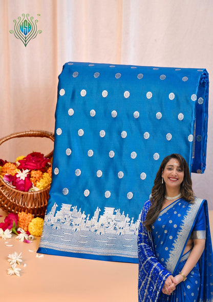 Waah Banaras 055J: Azure Blue Banarasi Pure Massaru silk saree with Ghat Border