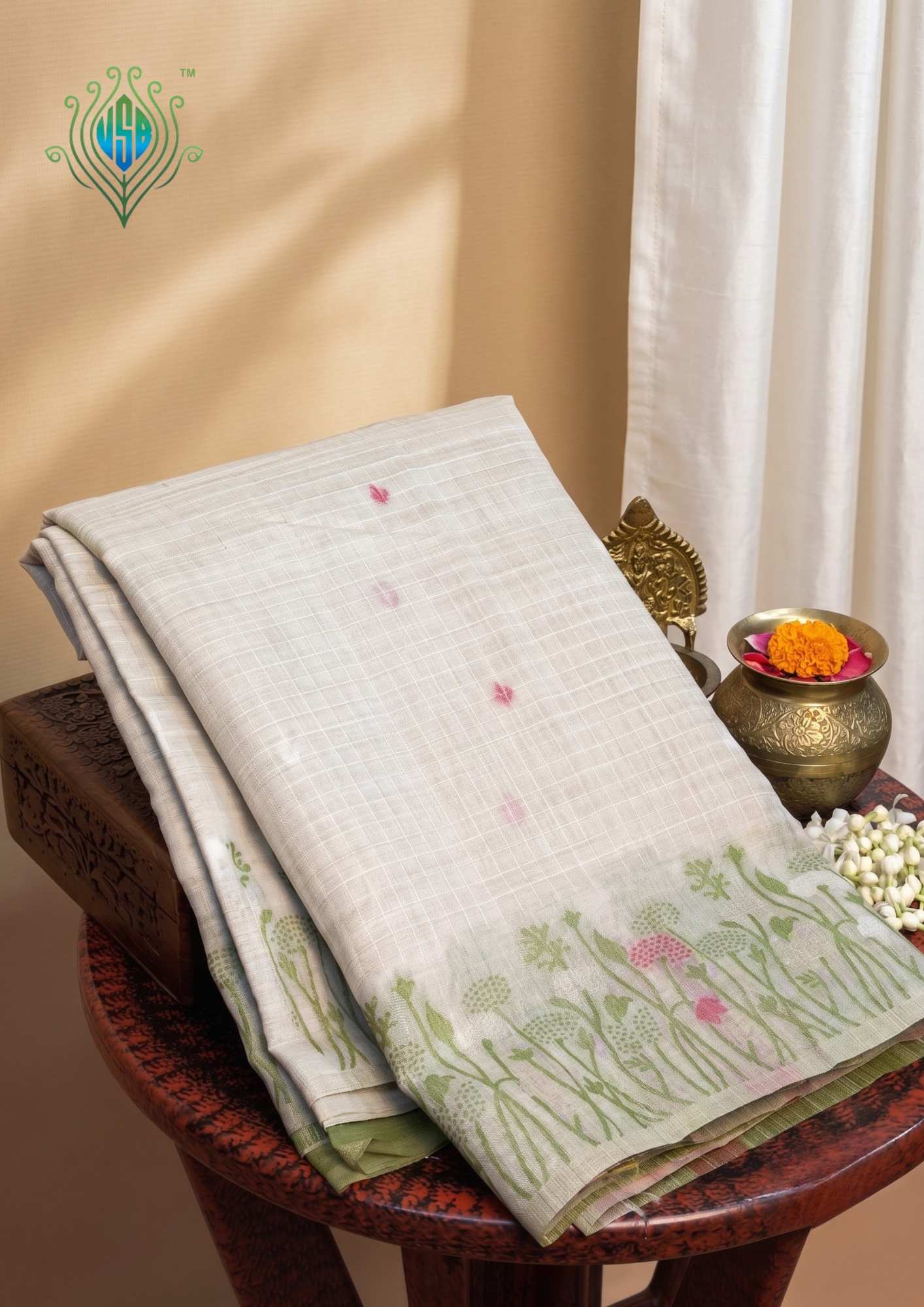 UTSAV BANARAS 460: Natural Off White Cotton Saree with Multicolor Resham Floral Meadow Work