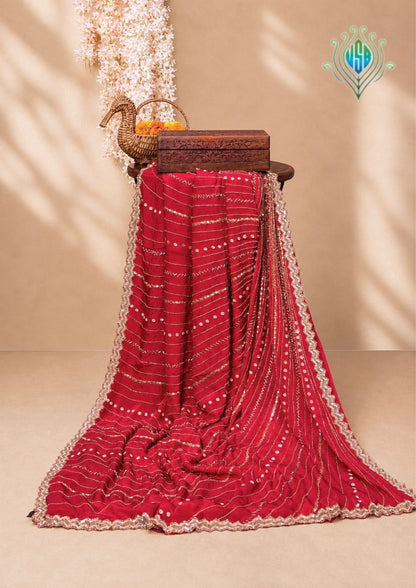 VIRASAT 395: Radiant Crimson Soft Crepe Silk Saree Stripe With Hand Zardozi Work