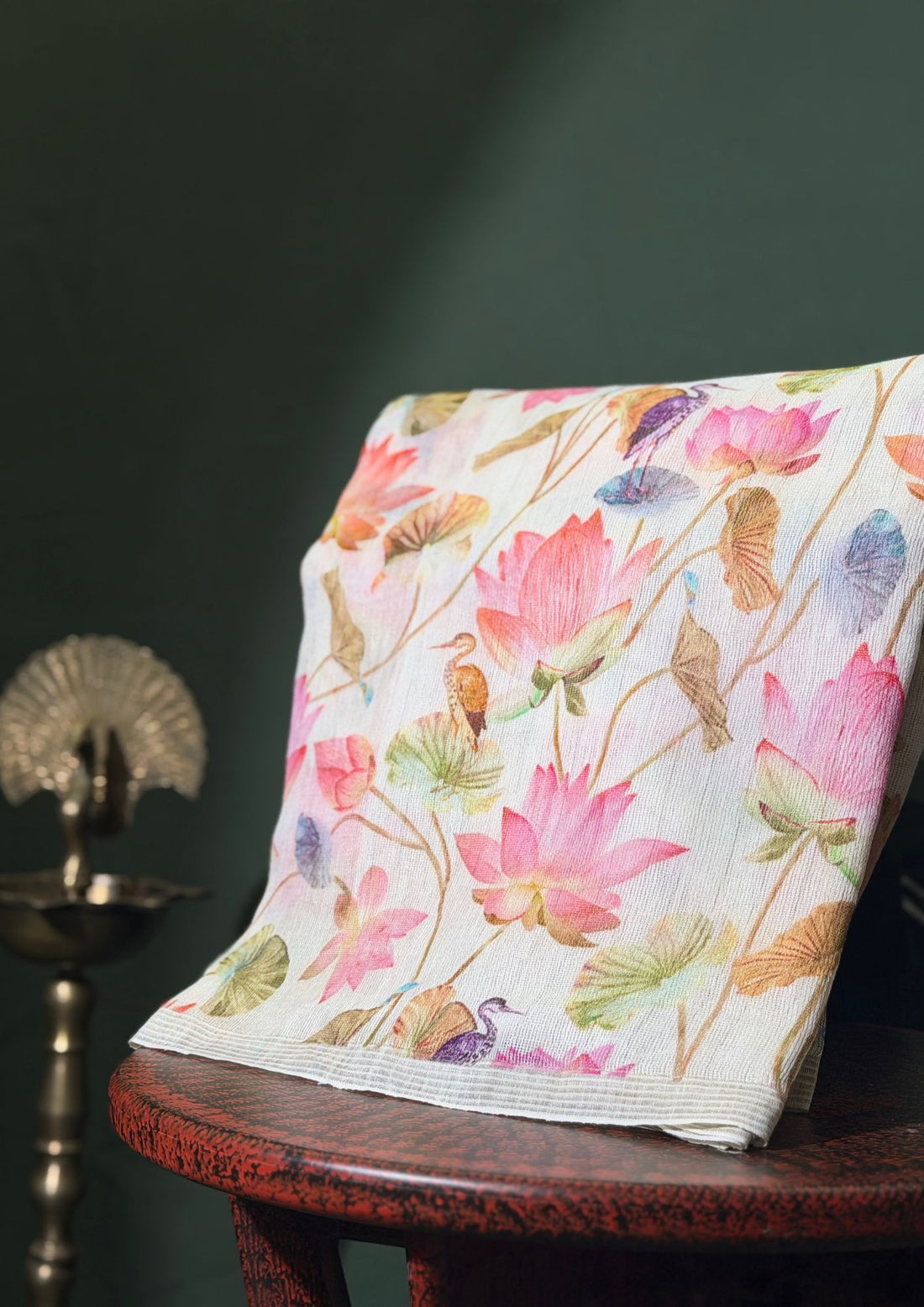 "Founder Choice 026" Nature-Inspired Banarasi Cream Nature-Inspired Kora Silk Saree With Lotus Floral Print