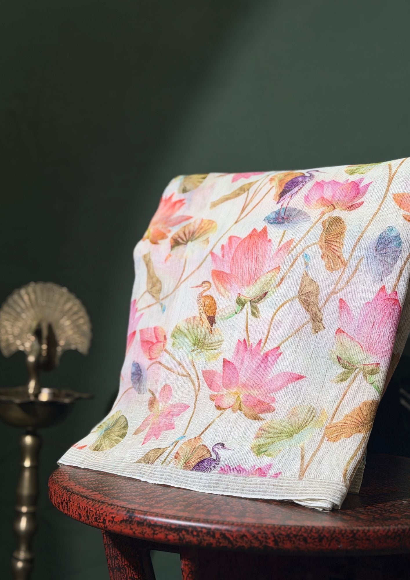 "Founder Choice 026" Nature-Inspired Banarasi Cream Nature-Inspired Kora Silk Saree With Lotus Floral Print