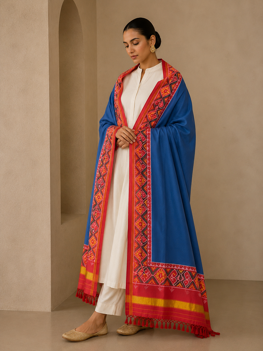 MCD 030: Beautiful Azure Blue Patola Silk Dupatta With Tassels And Standard Length