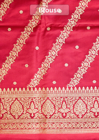 Waah Banaras 183: Regal Crimson Satin Katan Silk Zari Saree With Floral Border