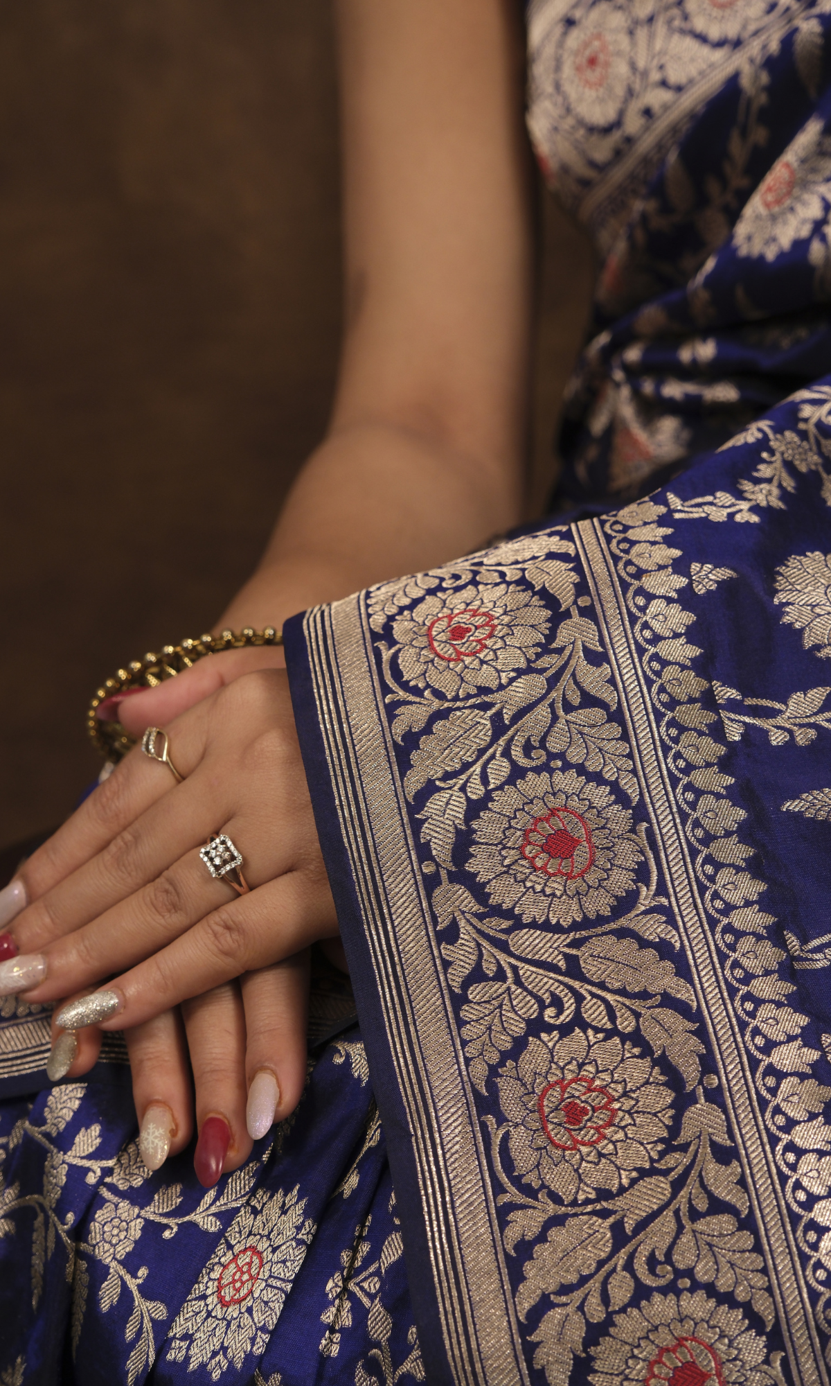 VIRASAT 161: Navy Blue Pure Handloom Katan Silk Mughal Meenakari Floral Jaal Saree