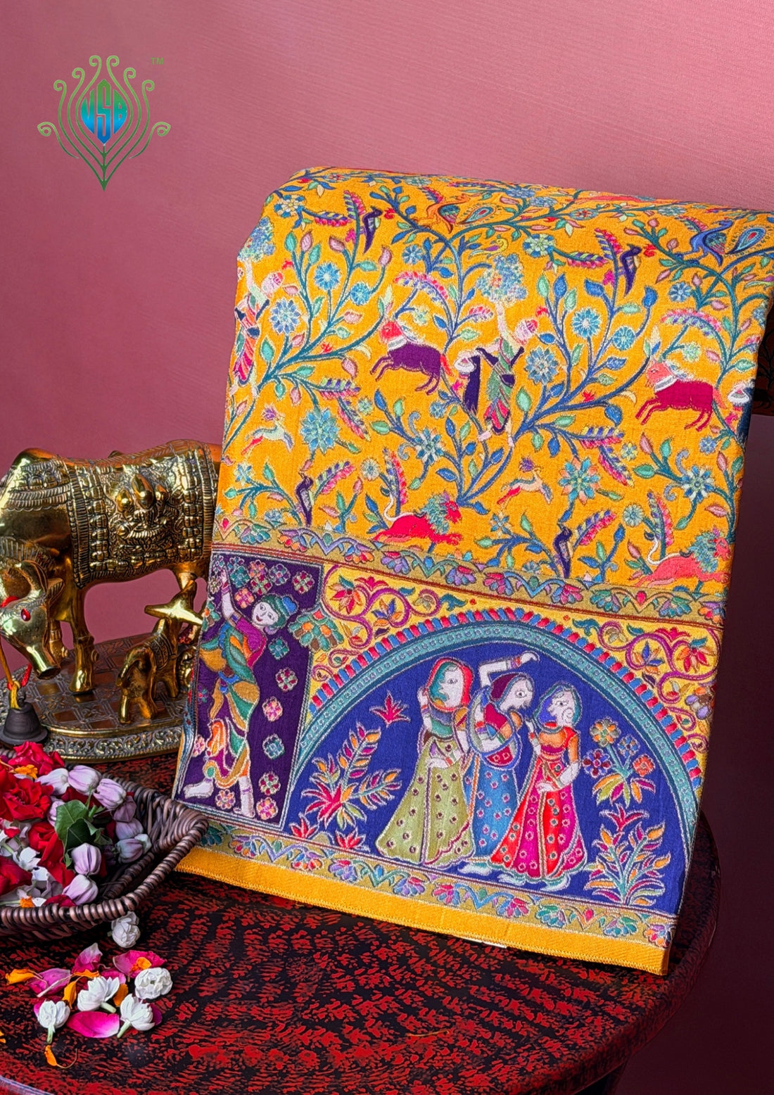 UTSAV BANARAS 479C: Bright yellow Butter Silk Saree with Kalamkari Position Print &amp; Contrast Blouse