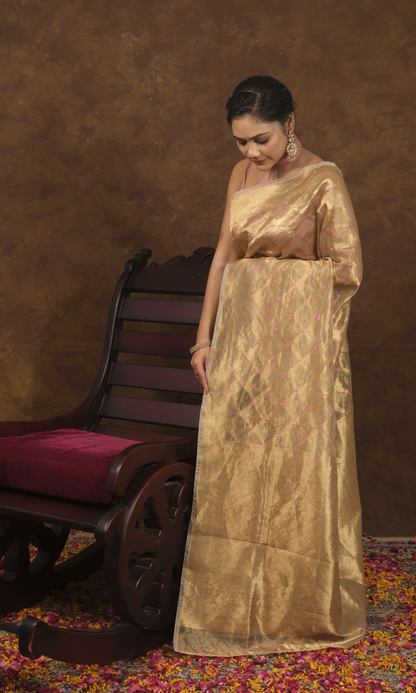 Gulabo: Pink Meena Booti Saree on Pure Tissue Silk