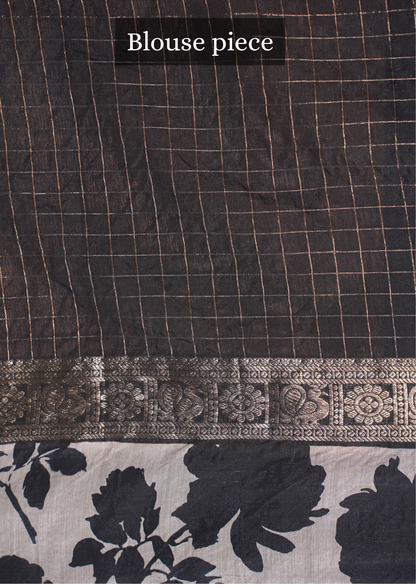 Utsav Banaras 317 Black Raw Silk Saree with Zari Checks &amp; Floral Border