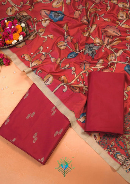 MANSI178A: Blood Red Banarasi Silk Suit Set with Soft Kalamkari Dupatta