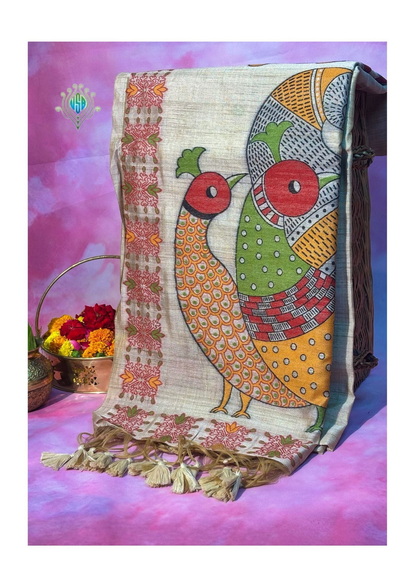 Utsav Banaras 074: Artistic Beige Jamdani Saree with Multicolor Bird &amp; Tree Motif