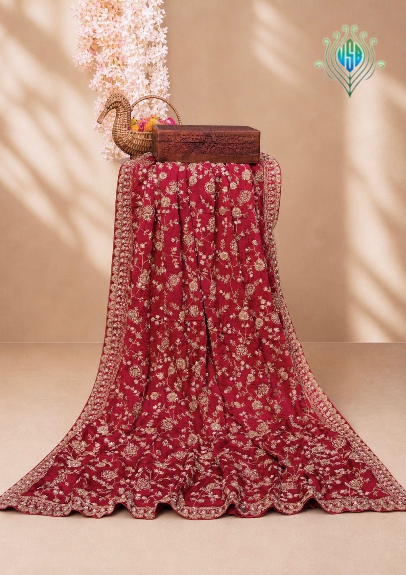 VIRASAT 394: Bridal Red Soft Crepe Silk Saree with Hand Zardozi Work