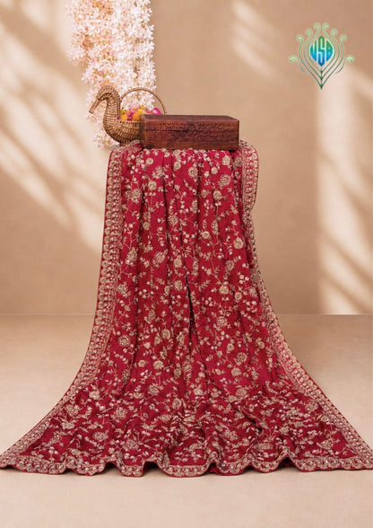 VIRASAT 394: Bridal Red Soft Crepe Silk Saree with Hand Zardozi Work