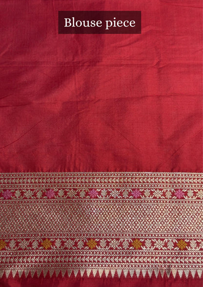 VIRASAT 410: Scarlet Red Pure Handloom Katan Silk Saree with All-Over Zari &amp; Meenakari Border-Pallu (Silk Mark Certified)