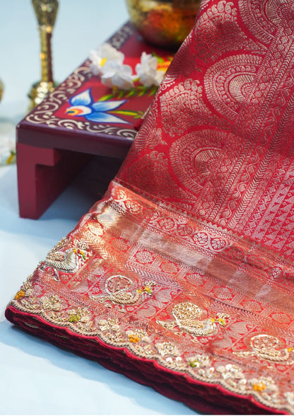 "VIRASAT 210" Banarasi Royal Red Pure Kanjivaram Barik Zardozi Cut Work Border Embroidered Silk Saree