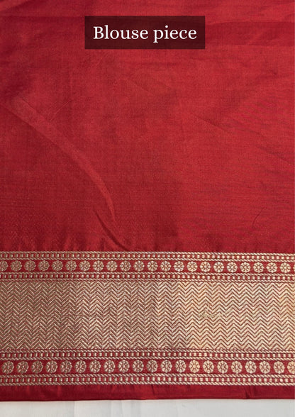 VIRASAT 405: Blood Red Pure Handloom Katan Silk Saree with All Over Zari &amp; Meenakari Border-Pallu (Silk Mark Certified)