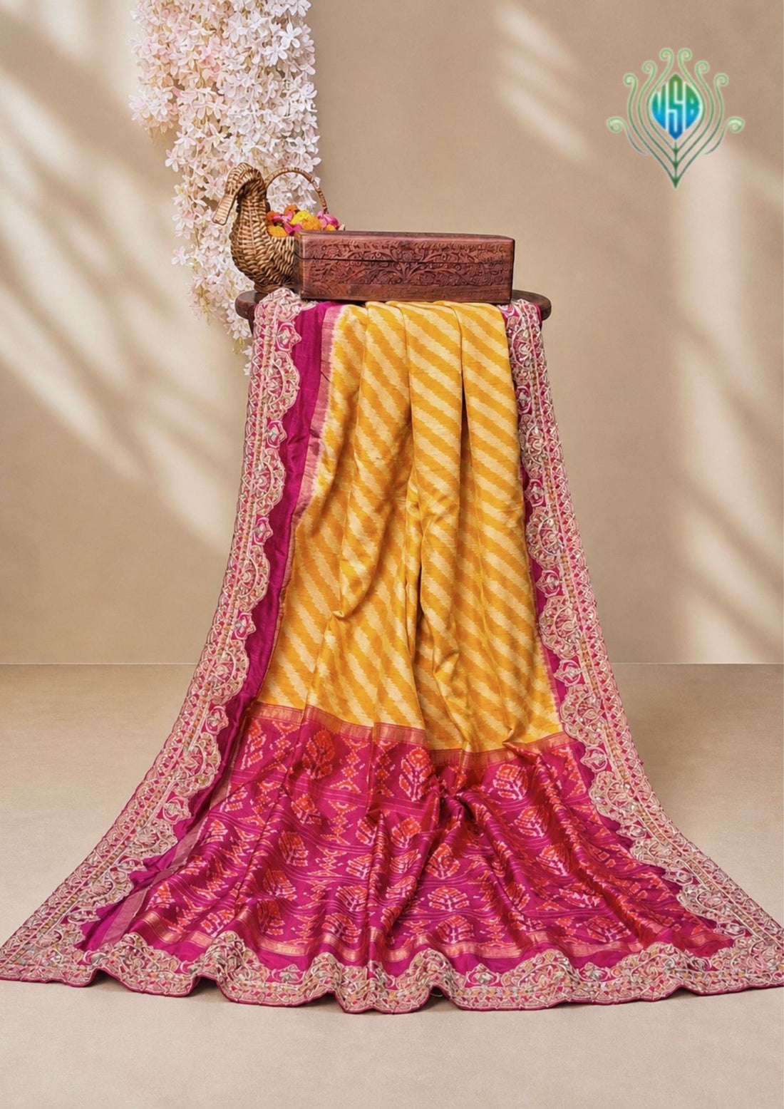 VIRASAT 400: Mustard Raw Silk Saree with Handcrafted Zardozi Artistry