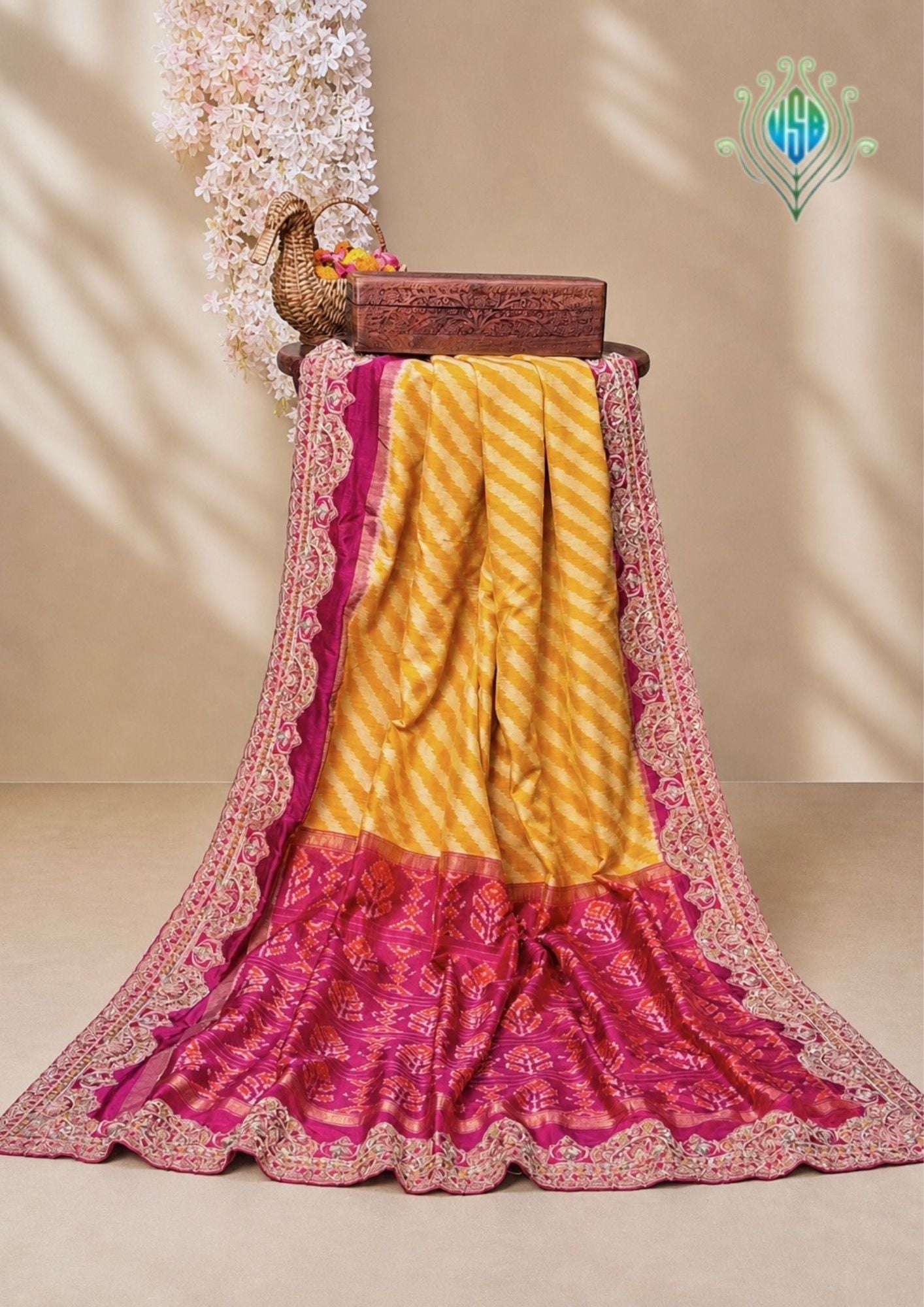 VIRASAT 400: Mustard Raw Silk Saree with Handcrafted Zardozi Artistry