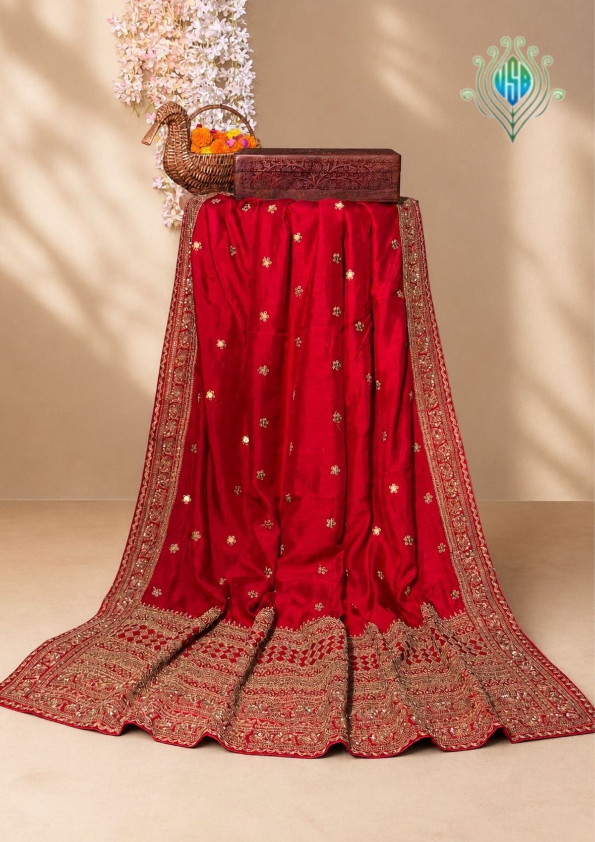 VIRASAT 396: Bridal Red Raw Silk Saree with Hand Zardozi Work