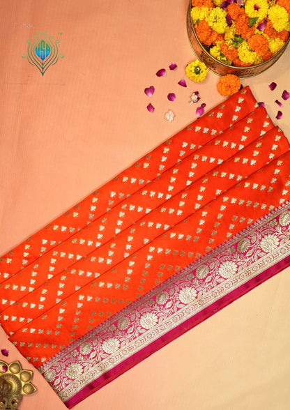Waah Banaras173E:  Tangerine orange Satin Silk Banarasi Saree with Zig-Zag Buti &amp; Contrast Pallu