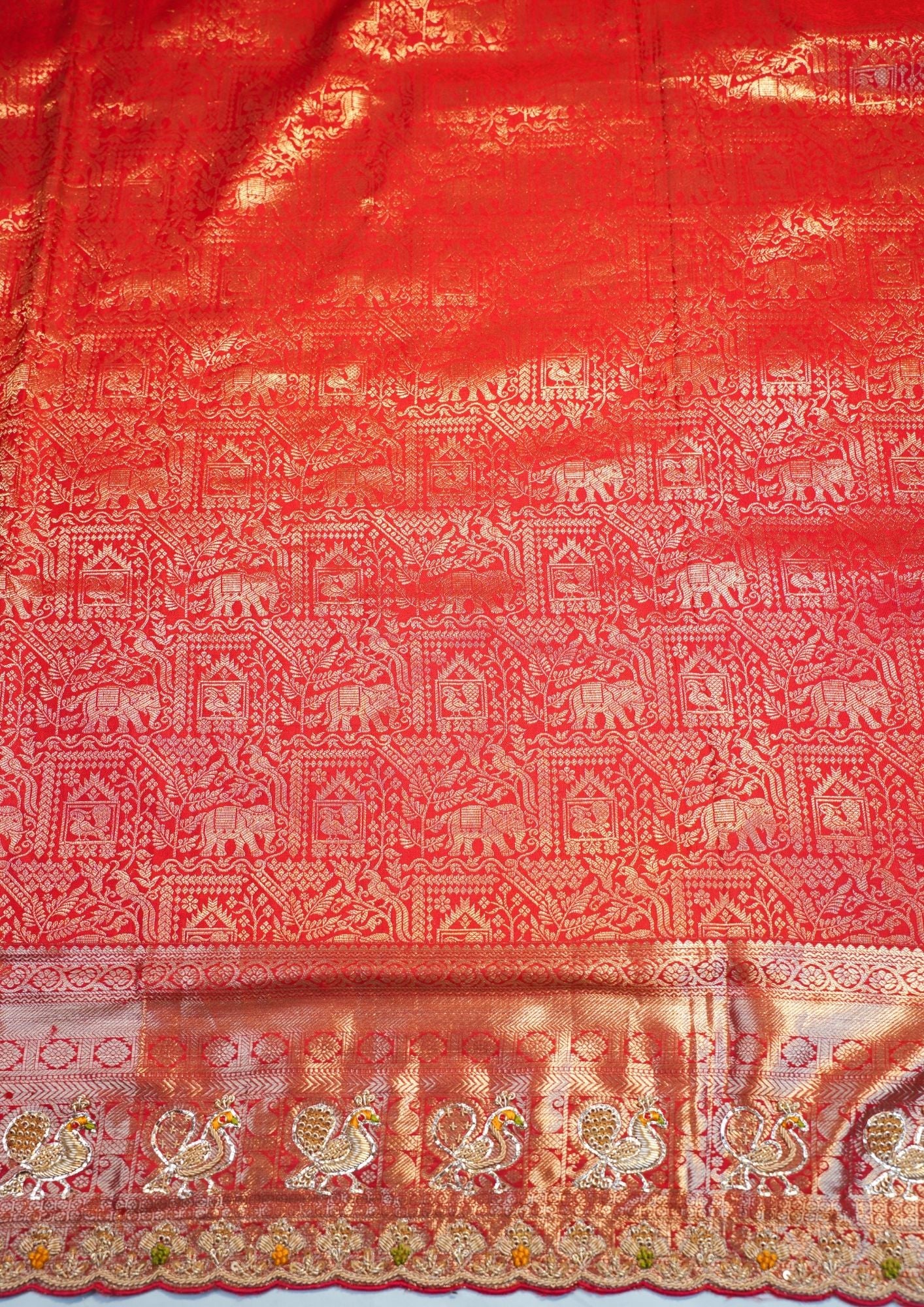 "VIRASAT 210" Banarasi Royal Red Pure Kanjivaram Barik Zardozi Cut Work Border Embroidered Silk Saree
