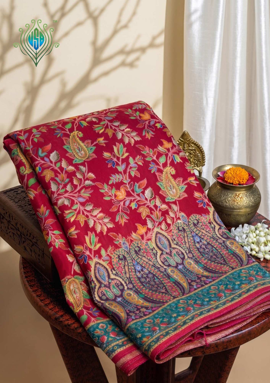 UTSAV BANARAS 478D: Cherry Red Butter Silk Saree with Royal Paisley Position Print &amp; Contrast Blouse