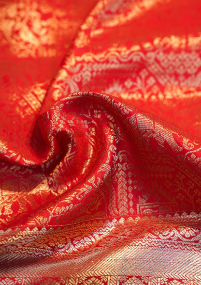 "VIRASAT 210" Banarasi Royal Red Pure Kanjivaram Barik Zardozi Cut Work Border Embroidered Silk Saree