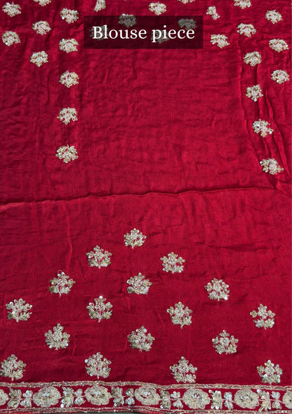 VIRASAT 394: Bridal Red Soft Crepe Silk Saree with Hand Zardozi Work