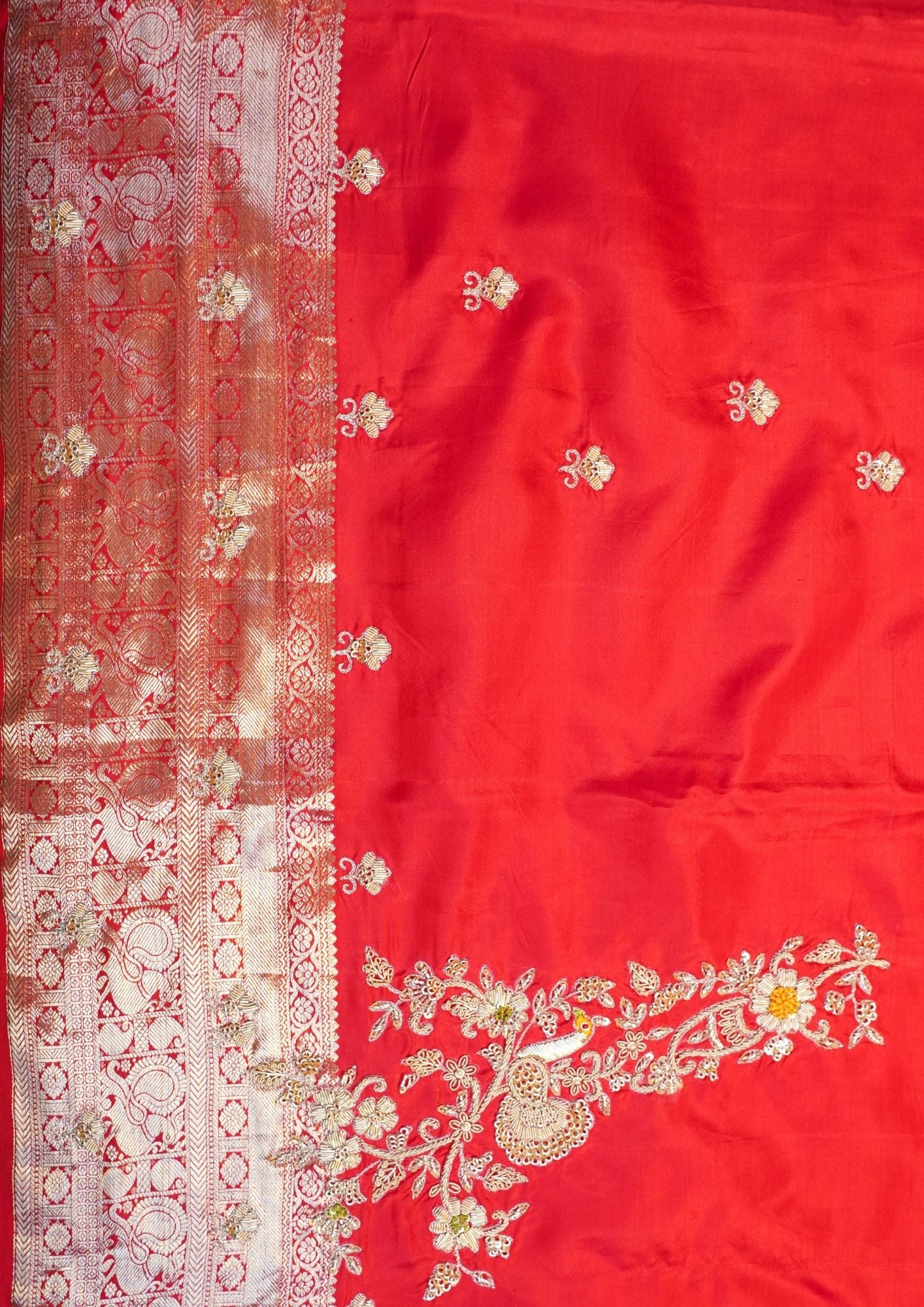 "VIRASAT 210" Banarasi Royal Red Pure Kanjivaram Barik Zardozi Cut Work Border Embroidered Silk Saree