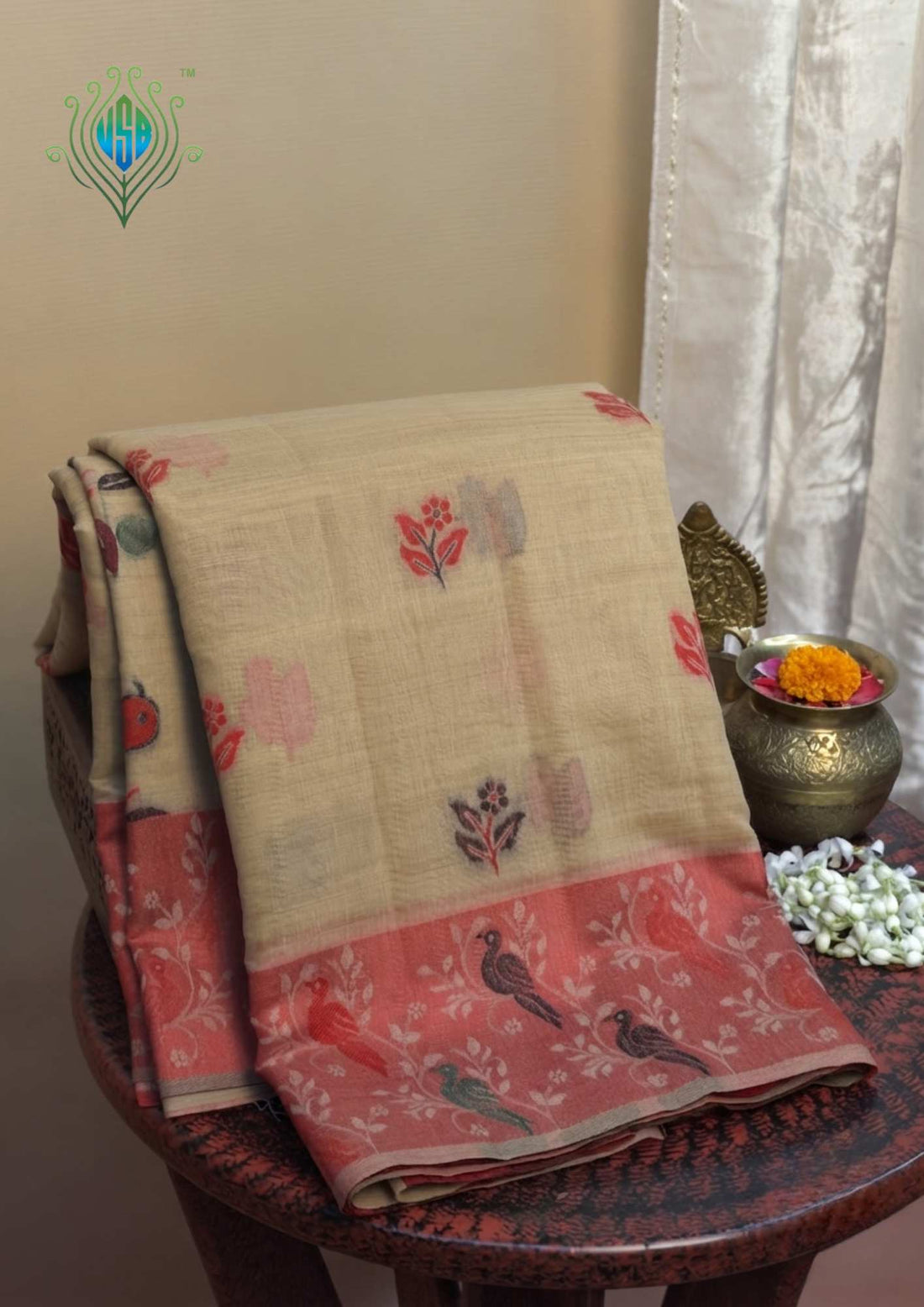UTSAV BANARAS 459: Natural Beige Cotton Saree with Multicolor Resham Bird Motif Work