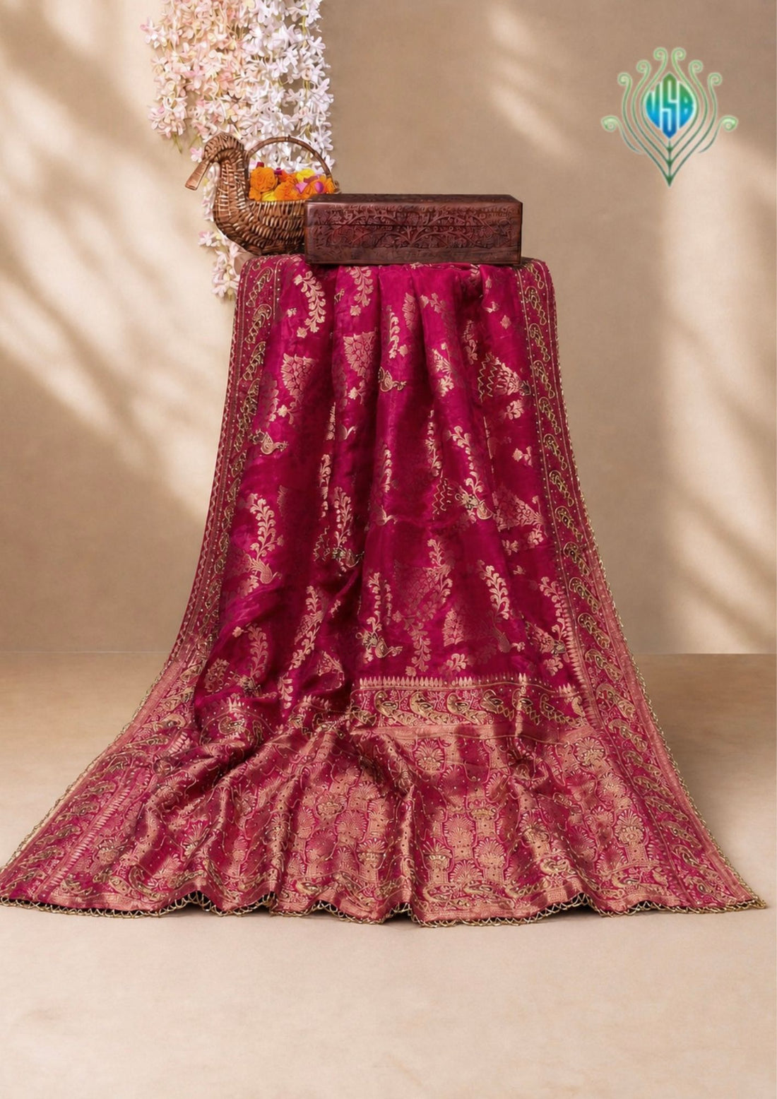 VIRASAT 415: Magenta Crepe Silk Saree with Hand Zardozi Work &amp; Designer Border