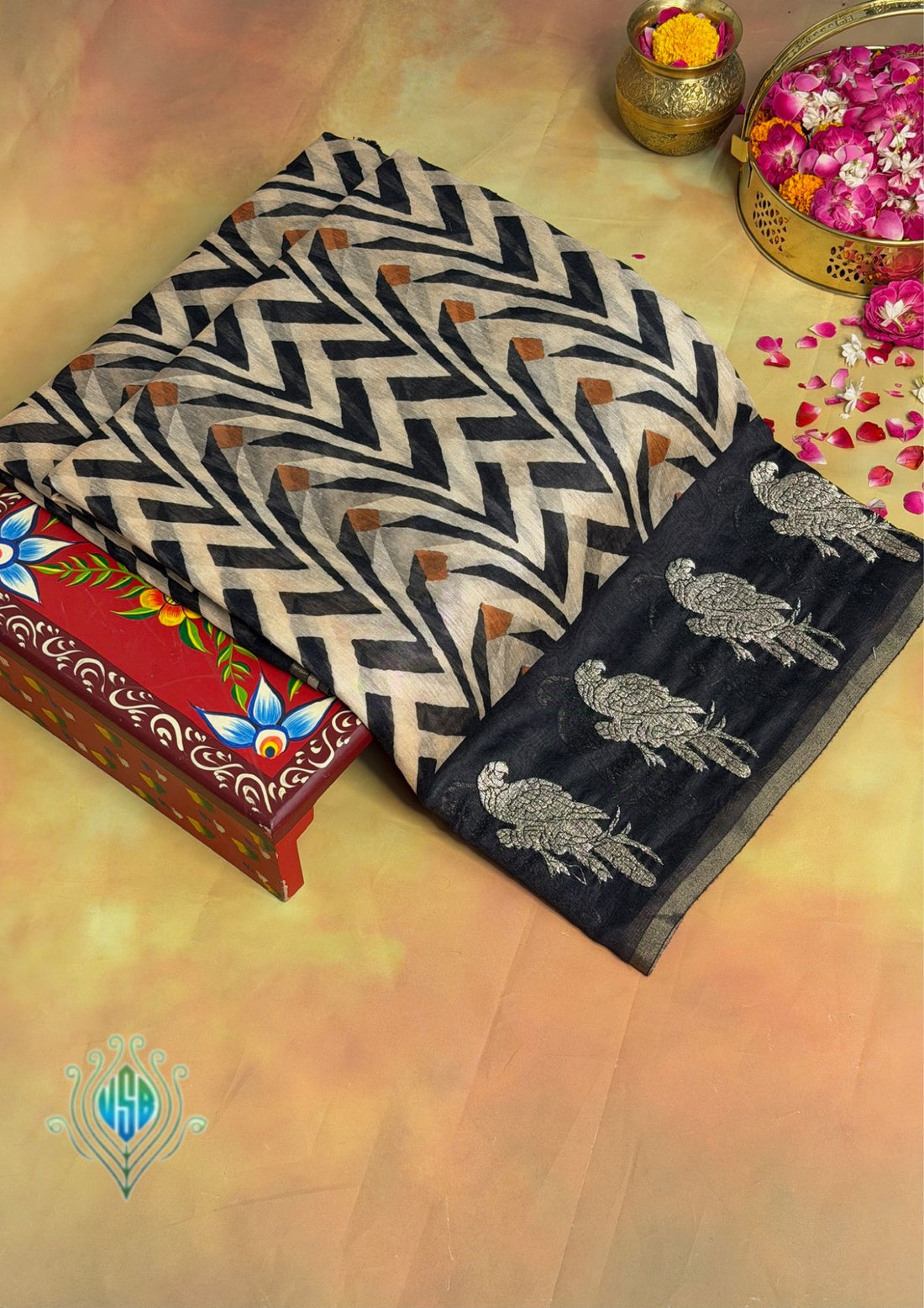 UTSAV BANARAS 395: Blackish Gold Cotton Tissue Saree with Kaatha &amp; Zigzag Work