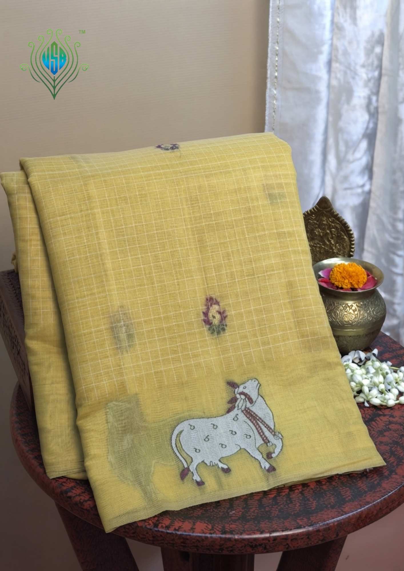 UTSAV BANARAS 458: Mustard Yellow Cotton Saree with Resham Nandi Motif &amp; Floral Heritage Work